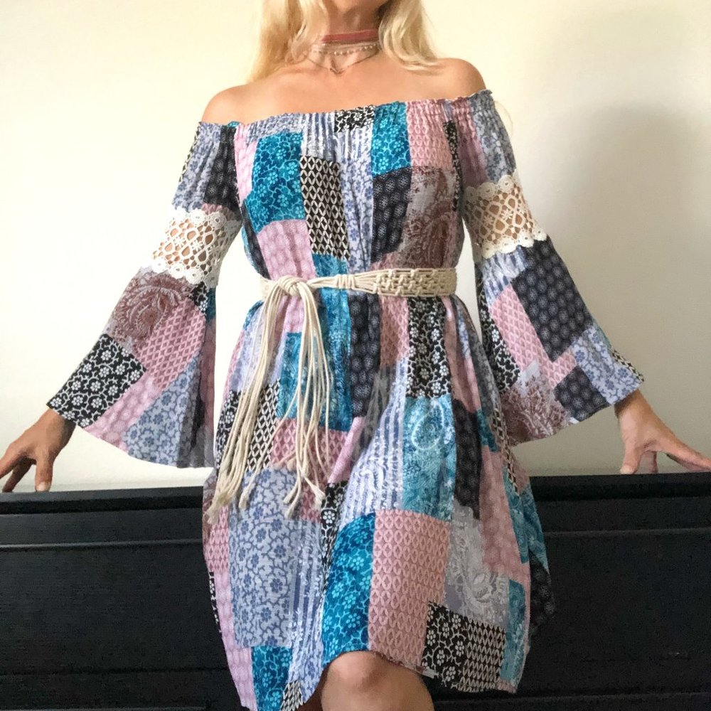 Price Drop!! Off the Shoulder Patchwork Print Mini-Dress